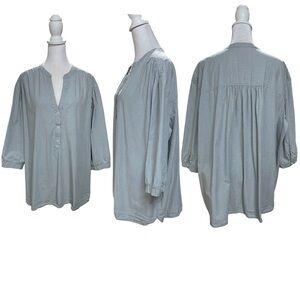 Lee Blue & Gray Plaid 3 Button V-Neck Pullover Women's 3/4 Sleeve Top Size 1X